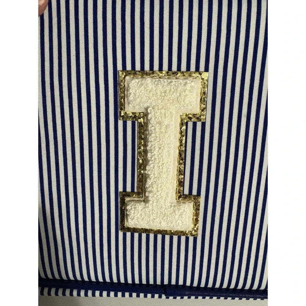 2 NEW Navy Blue & White Striped Fabric Bags Zipper, Makeup, Craft, Monogram 'I'